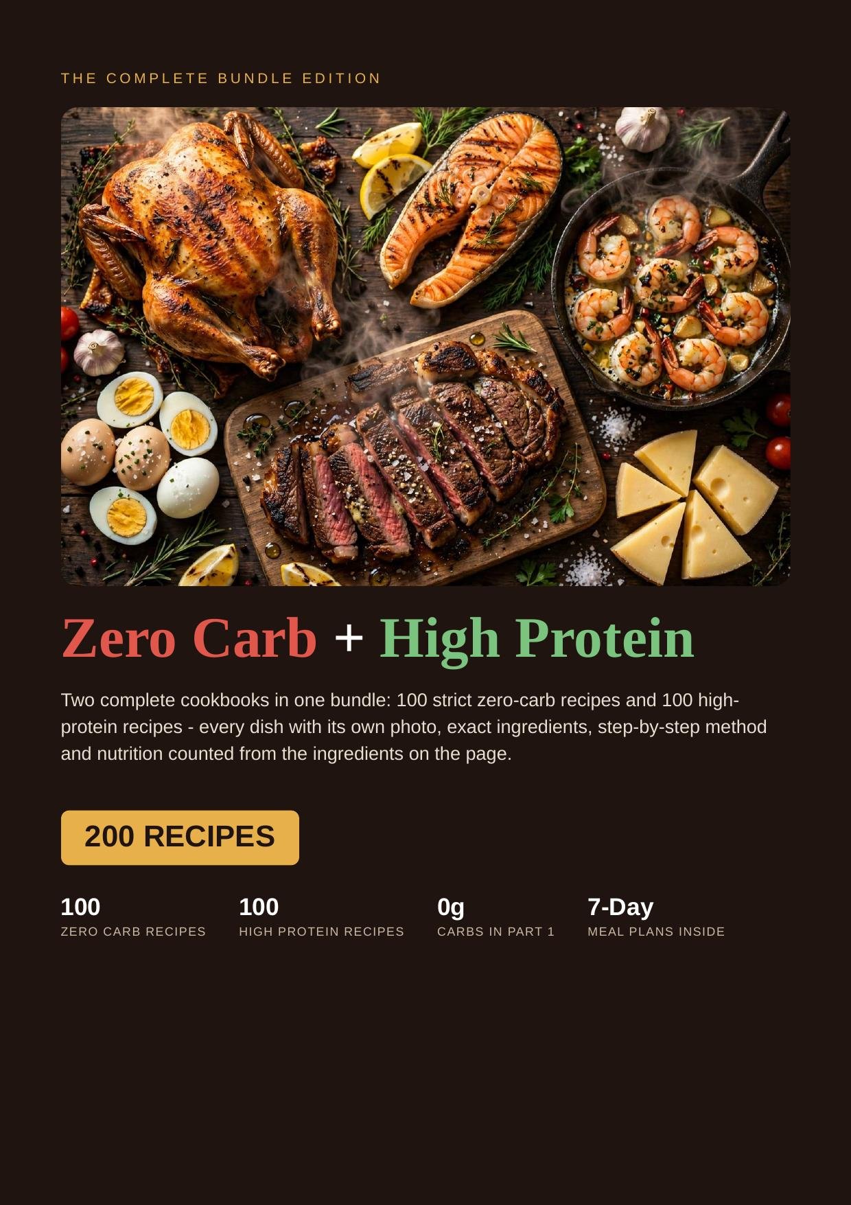 Zero Carb + High Protein Bundle cookbook cover — 200 recipes