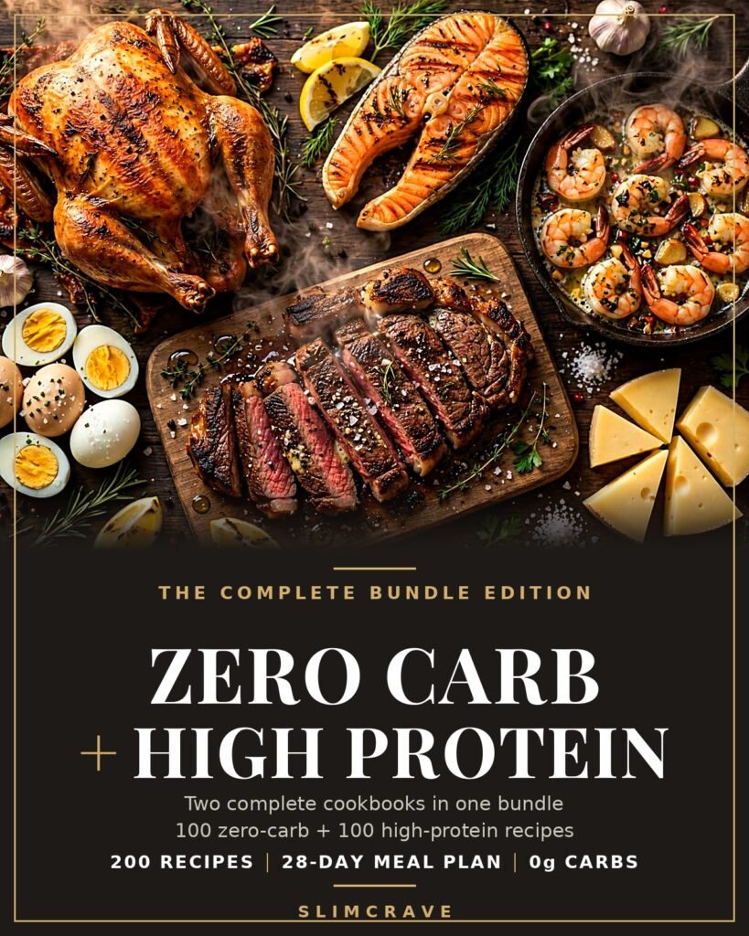 Zero Carb + High Protein Bundle cookbook cover — 200 recipes with 28-day meal plan included